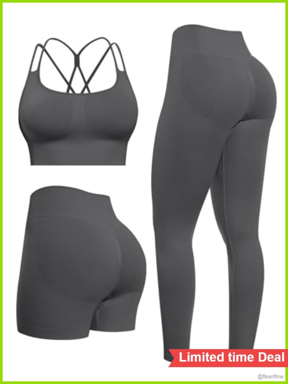 Seamless Workout Set 3-Piece Leggings Shorts Criss-Cross Sports Bra Gym